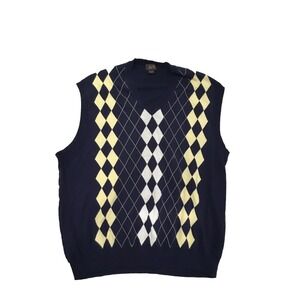 Tasso Ella Golf Men's Sweater Vest Sz L Navy Blue Yellow Argyle V Neck